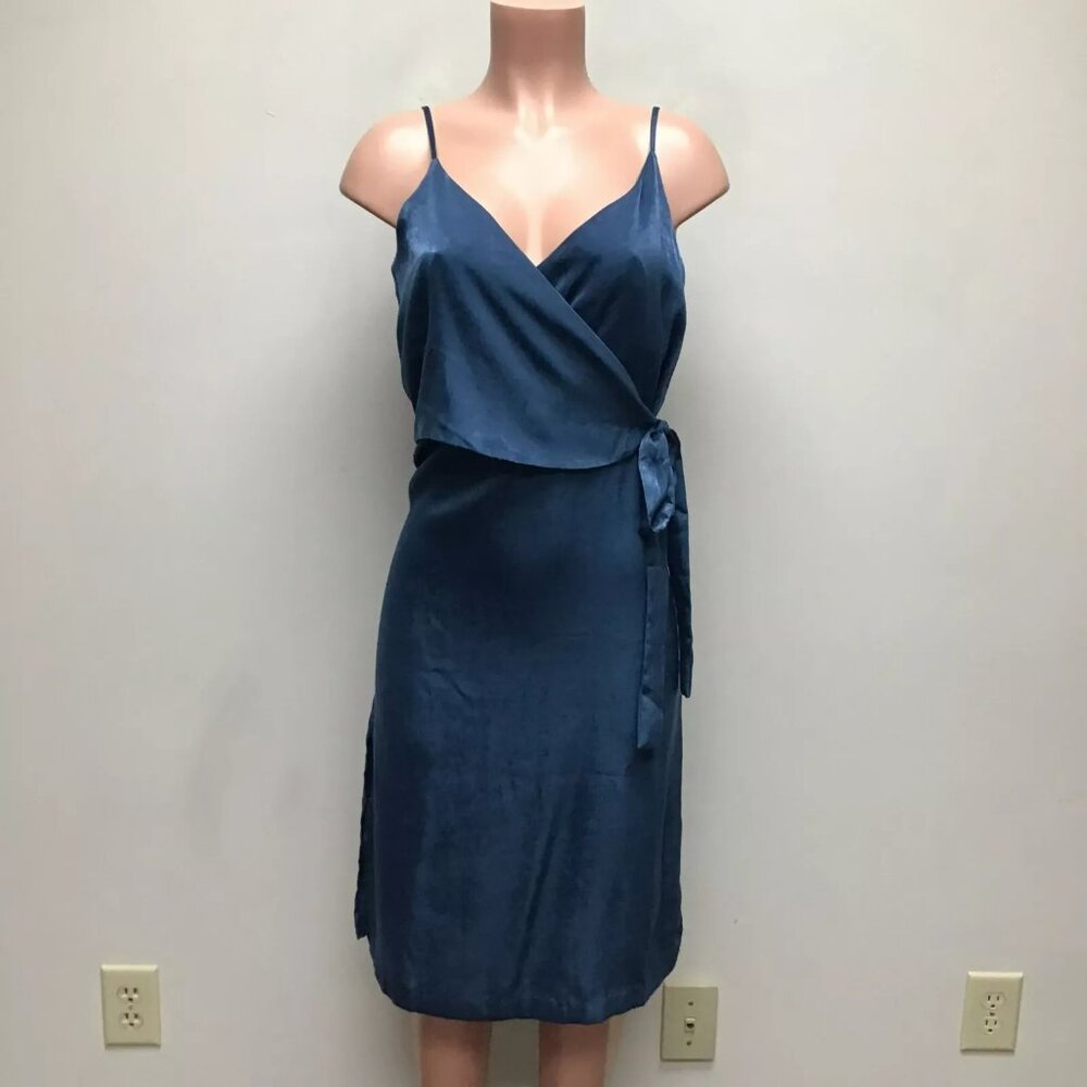 Lulus Womens Teal Blue V-Neck Tie Side Slit Camisole Satin Casual Wrap Dress M